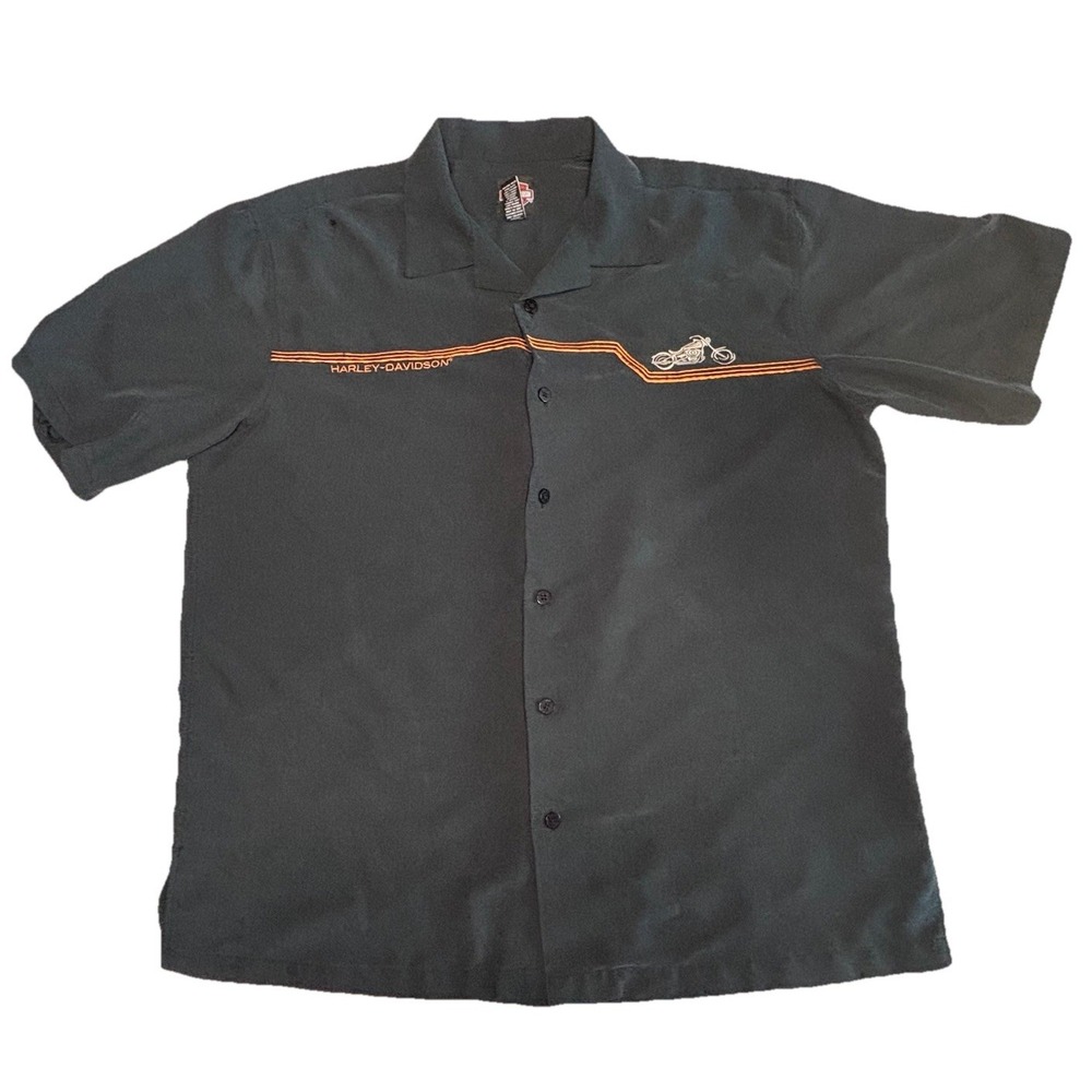 Vintage Harley-Davidson Shirt XL Black Korea Embroidered Mechanic Camp Button Up